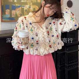 深圳南油高端女装欧美秋冬高级感重工花朵刺绣减龄少女羊毛开衫女