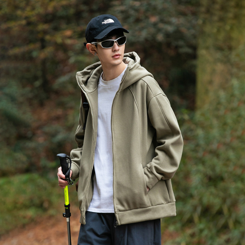 Men's Winter New Outdoor Warm Fleece Thickened Zipper Jacket with High Collar Hooded Cardigan Sweatshirt