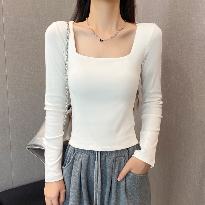 White Retro Square Collar Long-sleeved T-shirt Women's Early Autumn Low Collar Clavicle Slimming Base Shirt Inner Tight Collar Top