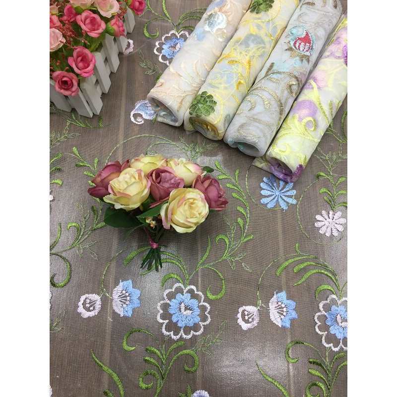 新款花苞花叶绣网纱面料 童装刺绣布料 蕾丝婚纱花边面料蓝粉绿绣