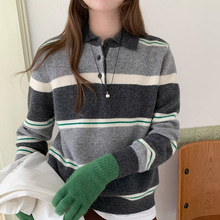 新款纯羊毛衫女加厚polo领条纹针织打底衫撞色宽松休闲长袖毛衣女