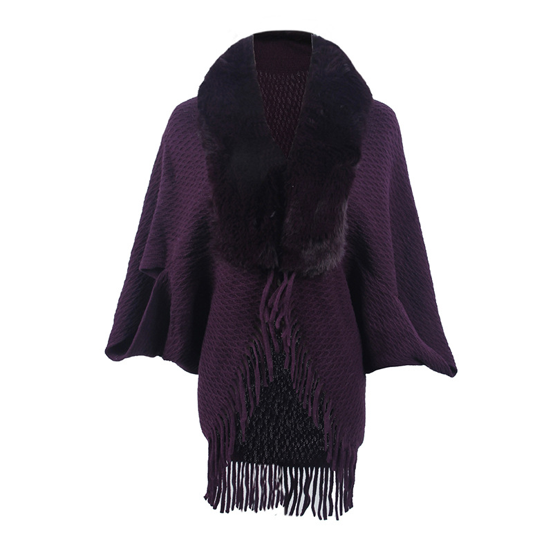 Wool-neck knitted tassel cape coat women with a fashion cape_voghion.com