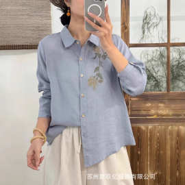 2025春装新品文艺复古印花苎麻宽松翻领长袖衬衫女宽松休闲上衣