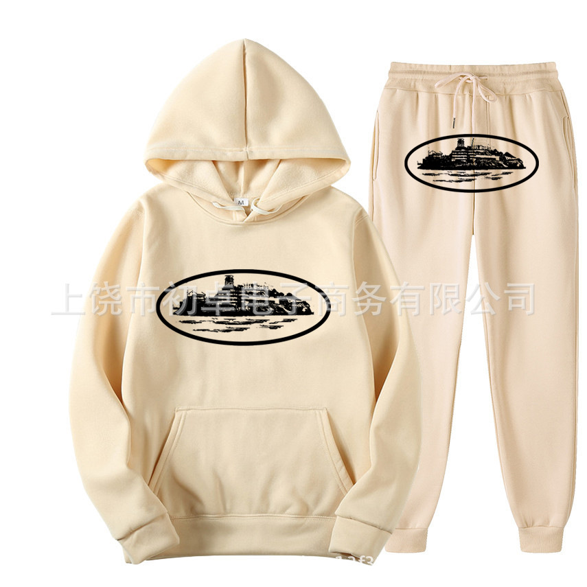 Europeo y americano clint419 diablo prisión patrón hombres y mujeres mismo suéter traje impreso con capucha conjunto de dos piezas al por mayor