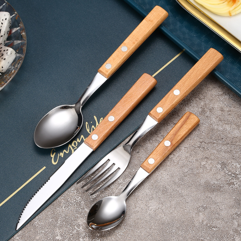 Cuchillo, tenedor y cuchara con mango de madera de acero inoxidable 304, restaurante occidental, bistec, cuchillo, tenedor y cuchara, juego de vajilla portátil de viaje, fuente transfronteriza