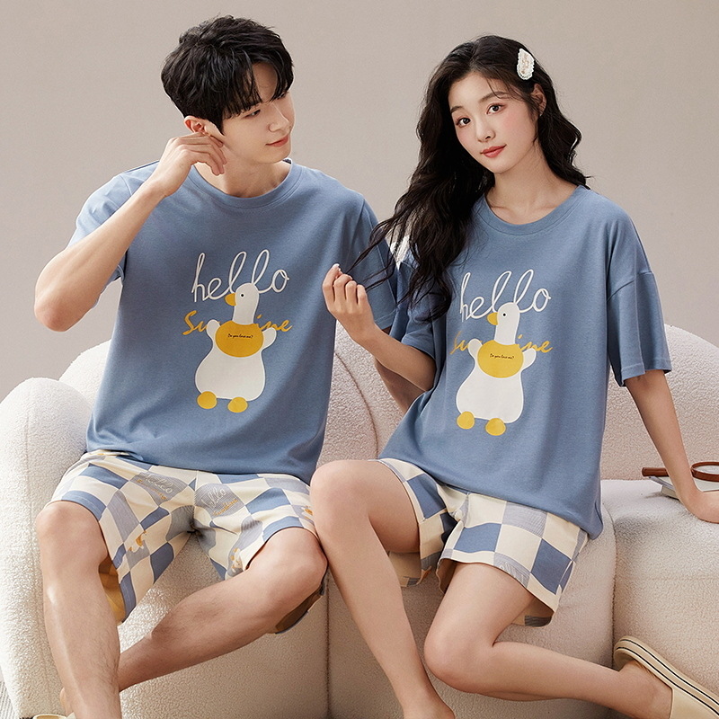 Pajamas de pareja de verano de algodón de verano pantalones cortos de mangas cortas de dibujos animados para hombres nuevos sets de ropa casera para mujeres sin impresión