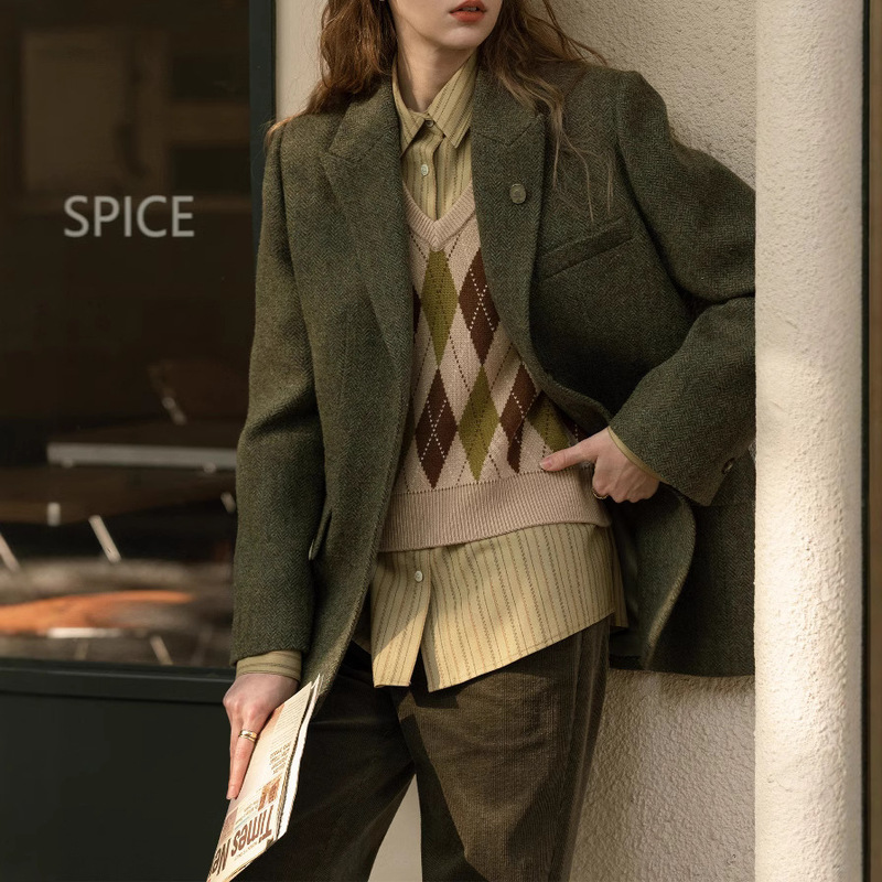 In-Stock New Vintage Herringbone Green Sheep Wool Thickened Woolen Blazer for Women Early Spring