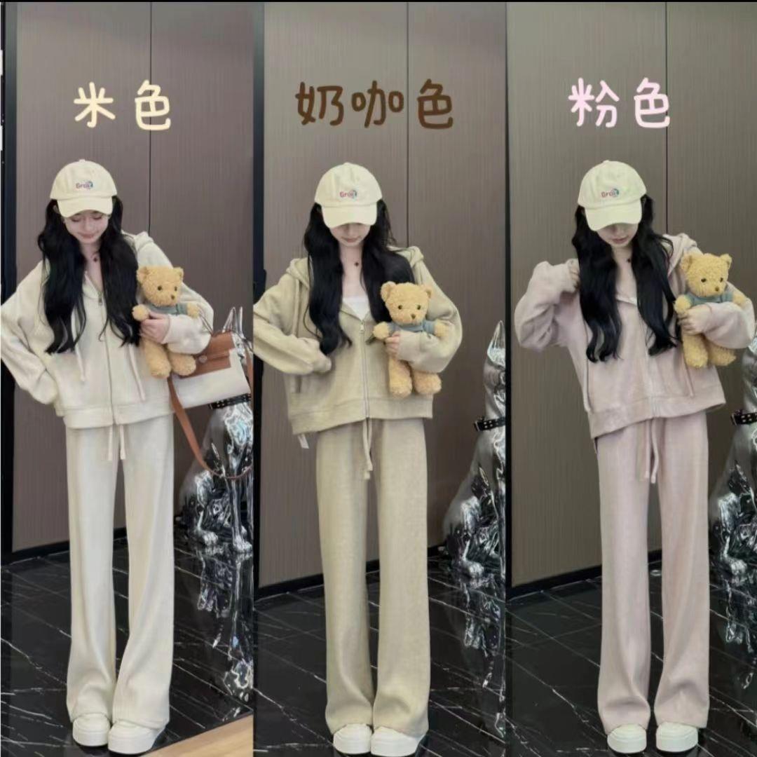 Sports Fashion Casual College Style Sweatshirt Jacket Set for Women, Spring and Autumn Outfit with Fleece, Complete Set for Petite Sizes