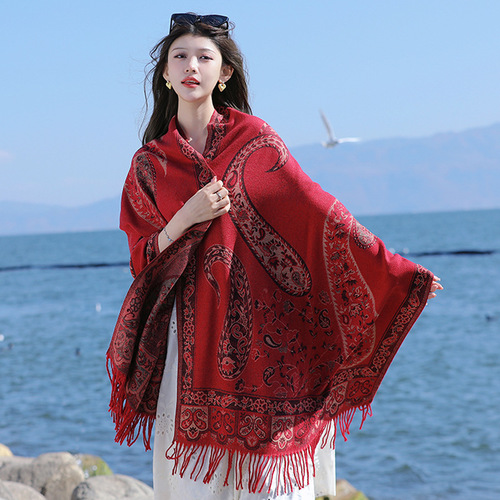 Yunnan Lijiang cashew ethnic style air-conditioned shawl dual-purpose versatile thickened scarf women's large long scarf winter shawl
