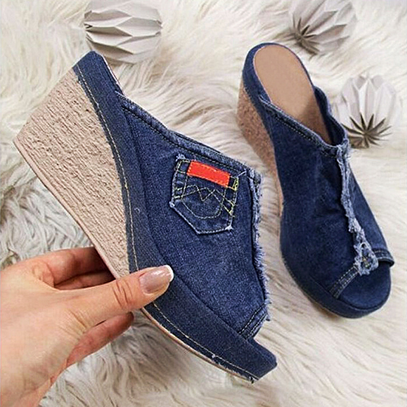 Women's Wedge Sandals Denim Thick Sole Comfortable Summer Slippers_voghion.com