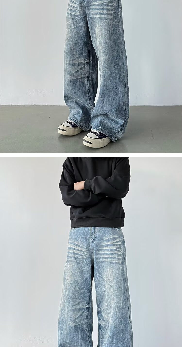 Men's Streetwear Jeans - Relaxed Fit With Lightning Bolt & Whisker Washes For Urban Casual Style_mkmklike.com