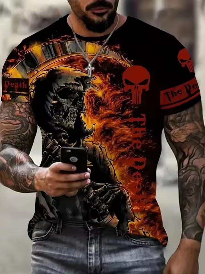 Thriller Hell Skeleton 3D Print Camiseta de cuello redondo de manga corta transpirable de malla suelta de verano para hombre