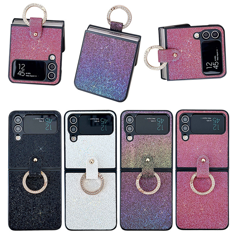 For Samsung Galaxy z Flip3/4 Phone Case Folding Screen Colorful Frosted Flash Diamond Ring Buckle Protective Cover
