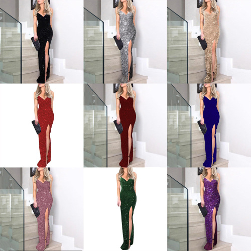 Spring European and American Women's Fashion V-Neck Beaded Sexy Stylish Strap Sequin Split Gown