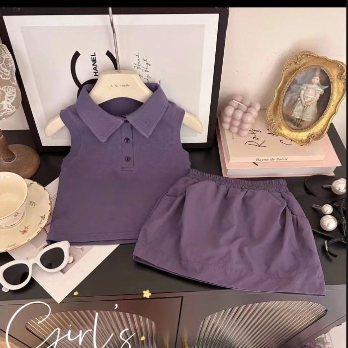 Niños sin mangas niñas 2025 traje verano niñas falda corta color sólido bebé solapa chaleco traje de dos piezas