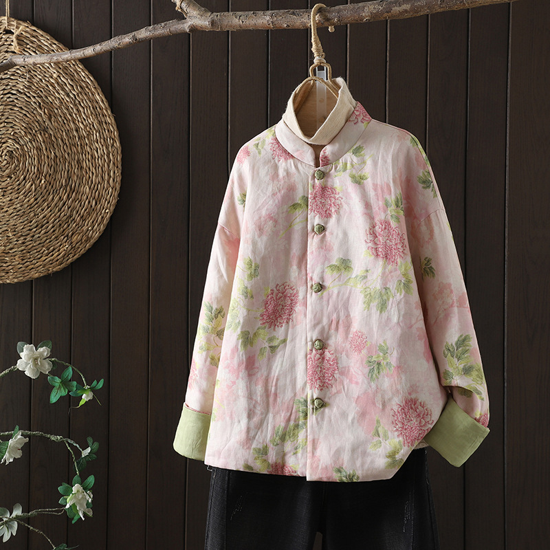 国风中式女装亚麻印花夹棉外套立领对襟保暖棉衣文艺复古小棉袄