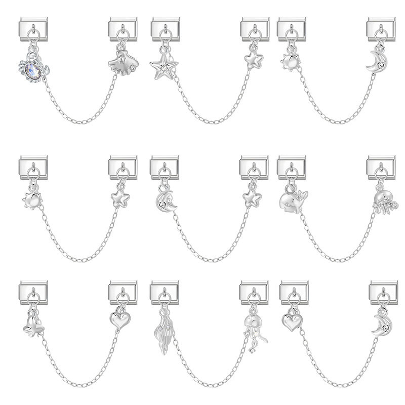 Cross-Border Popular Silver Heart Moon Star Italian Module Double Pendant DIY Module Bracelet Accessories Jewelry Wholesale Cross-Border Popular Silver Heart Moon Star Italian Module Double Pendant DIY Module Bracelet Accessories Jewelry Wholesale