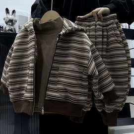 黁白秋冬季条纹卫衣羊羔绒儿童加绒套装宝宝2025男女童韩版休闲连