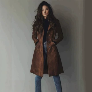 2026欧美亚马逊跨境 女装 秋冬外套翻领西部风麂皮绒长款风衣外套