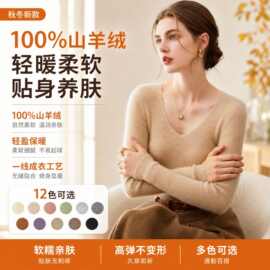 秋冬款100%纯山羊绒衫女一线无缝V领抽条修身打底毛衣针织衫内搭