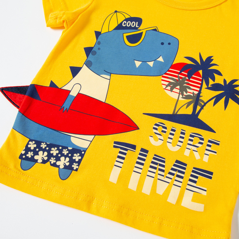 Camiseta de manga corta para niños directa de fábrica nueva entrega de una pieza superior de estilo occidental de media manga de algodón para niño de dinosaurio de dibujos animados