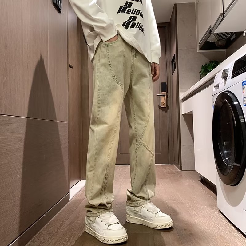 Pantalones retro estadounidenses, jeans teñidos de barro amarillo lavados de la marca de moda de la calle alta, jeans rectos delgados para hombres