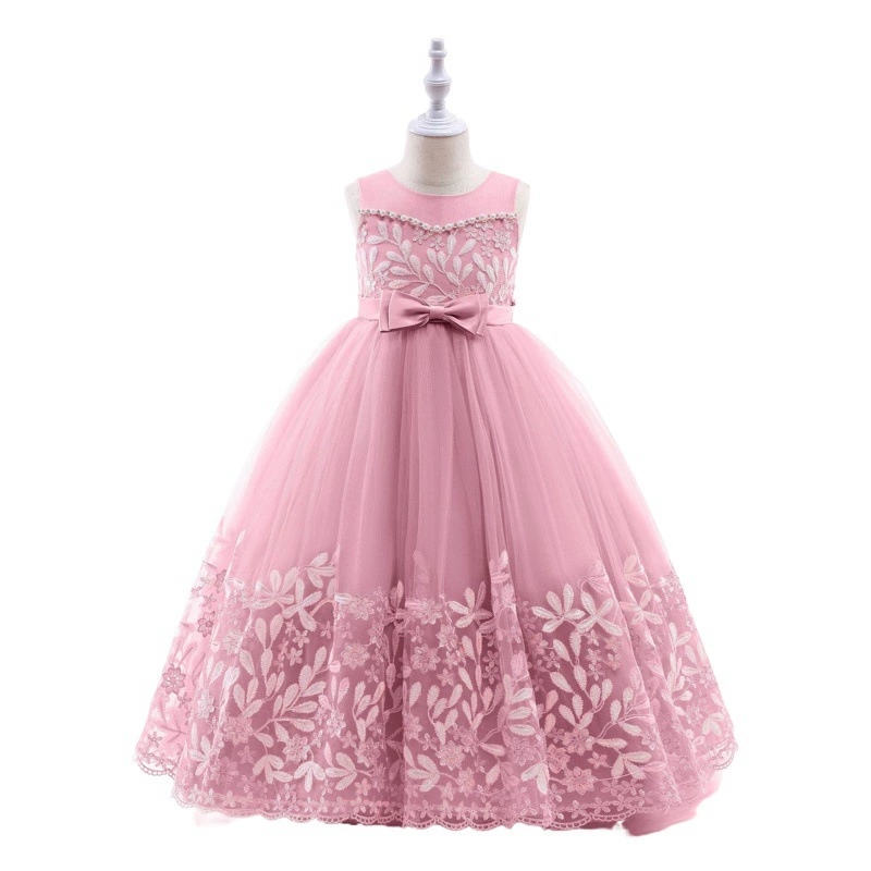 Детское длинное платье принцессы через границу, вечернее платье для подиума для девочек, платье для выступления на фортепиано с вышивкой, модное платье для девочек с цветами