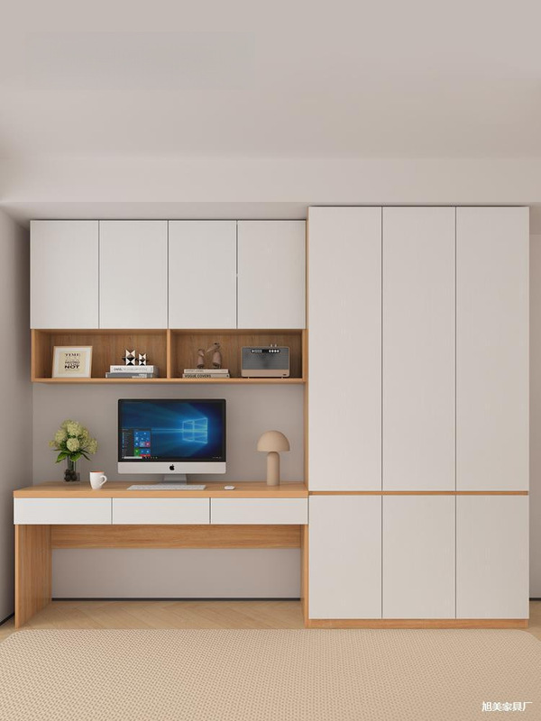 Minimalist Bedroom Bookshelf, Table, Flat Door, Wardrobe, Desk, Integrated Study Wall, Cabinet