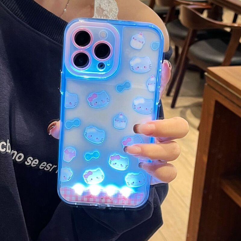 Cute Cat Bow with Glowing Lights Suitable for Apple 17 Promax Phone Case Apple 16 Incoming Call Blue Gradient