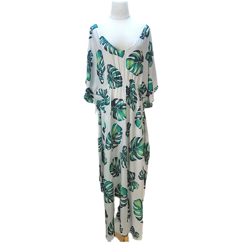 1d64 Europa y América imitación rayón impreso playa blusa sexy más tamaño vacaciones protección solar camisa bikini cover up