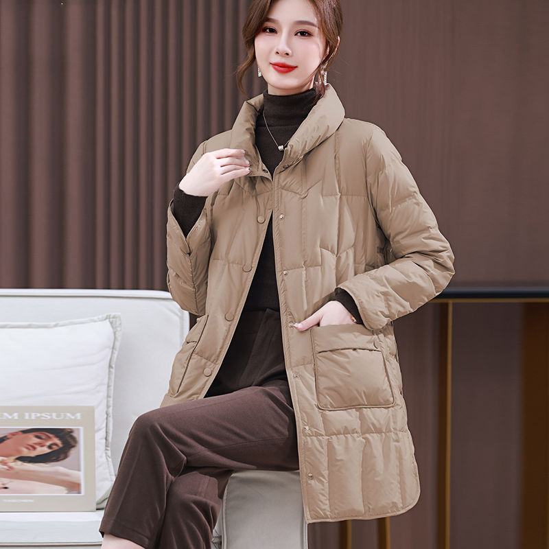 Autumn and Winter 2024 New Seamless Adhesive Anti-drill Down Jacket Women's Lightweight Mid-length Vertical Collar Warm Jacket Trendy