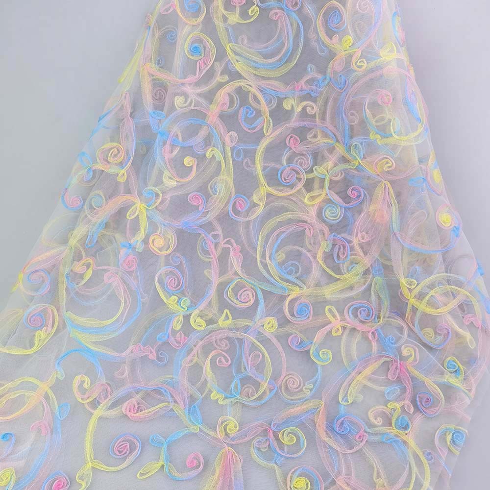 盘带绣新品 彩虹印花立体绣面料 汉服连衣裙吊带衫绣花布料