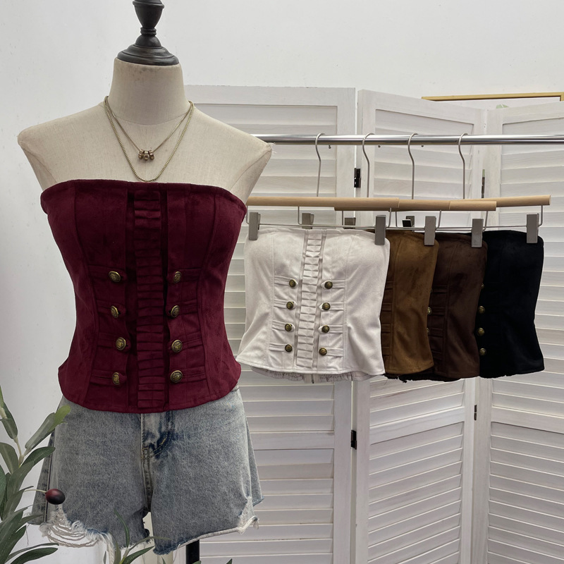 Real shot of a music festival-style, double-breasted, metallic-embellished, padded, and anti-slip strapless top, velvet short top, style 6370 Real shot of a music festival-style, double-breasted, metallic-embellished, padded, and anti-slip strapless top, velvet short top, style 6370