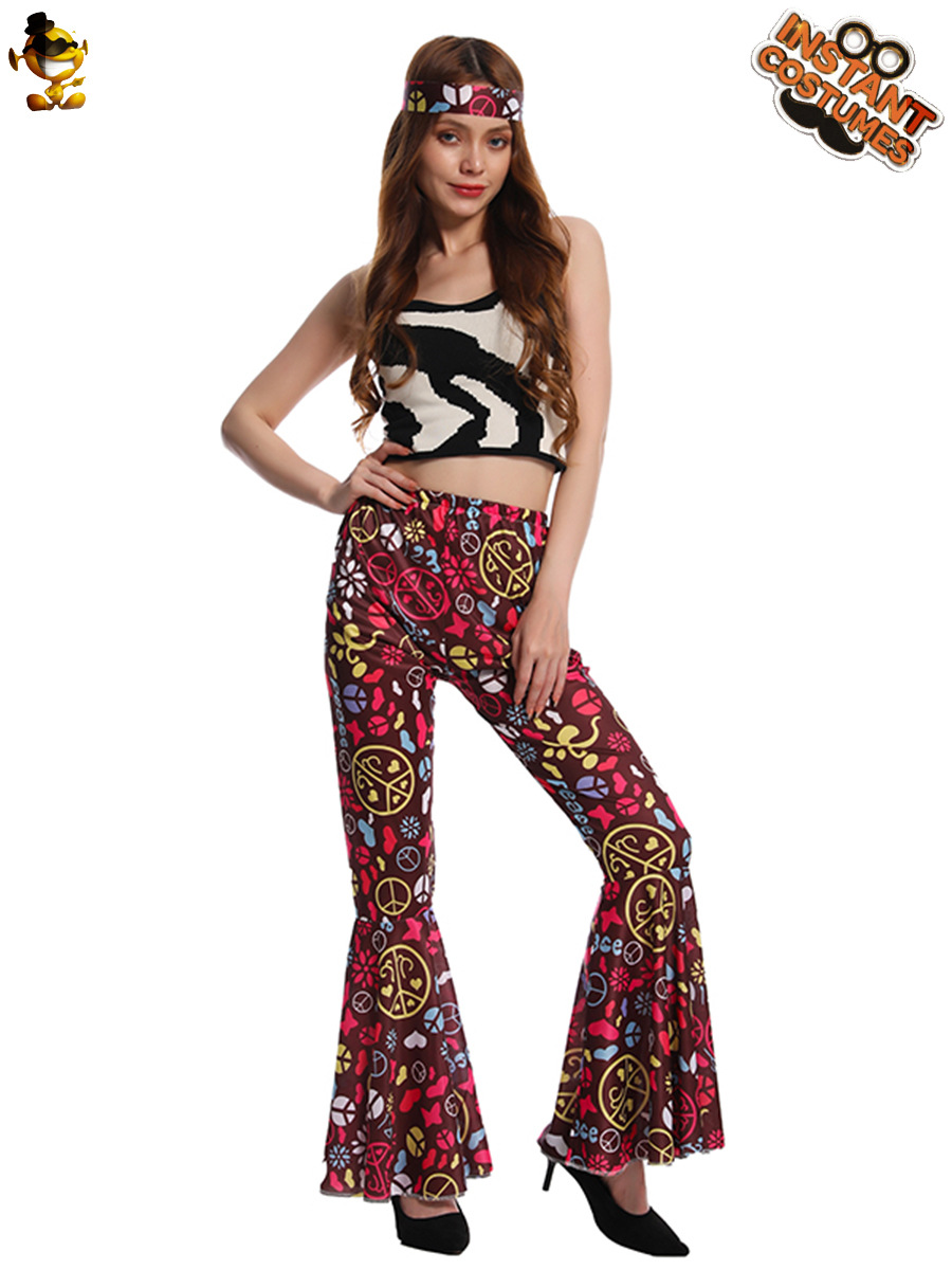 Carnaval transfronterizo adulto grande femenino retro hippie acampanado pantalones de las mujeres hippie traje ropa de fiesta