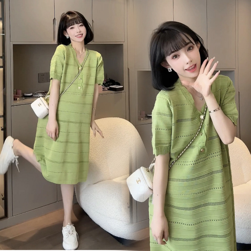Maternity Summer Dress 2025 New Korean Fashion Loose Ice Silk Knitted Mid-Length Nursing Dress Trendy