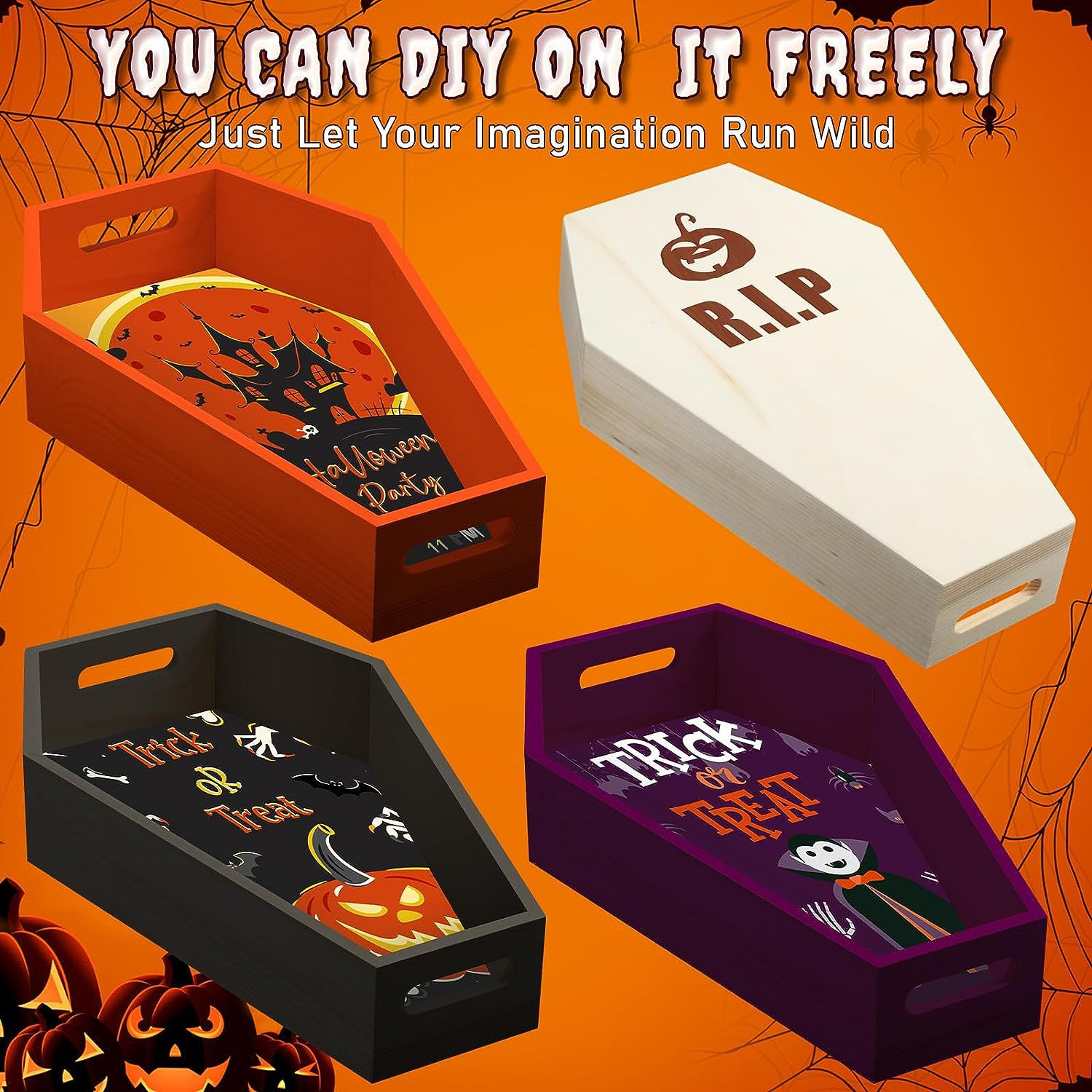 木制棺材架棺材形状服务托盘手绘DIV木质棺材托盘万圣节家居装饰