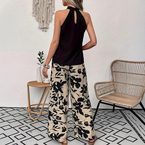 2025 Summer European and American Style Popular Printed Wide-Leg Pants Women's Thin Loose-Fitting Elastic Waist Casual Long Pants Slimming