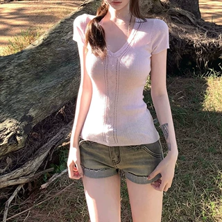 Suuuic 智系欧尼 绞花+镂空双重交替织法”纯欲修身针织短袖T恤