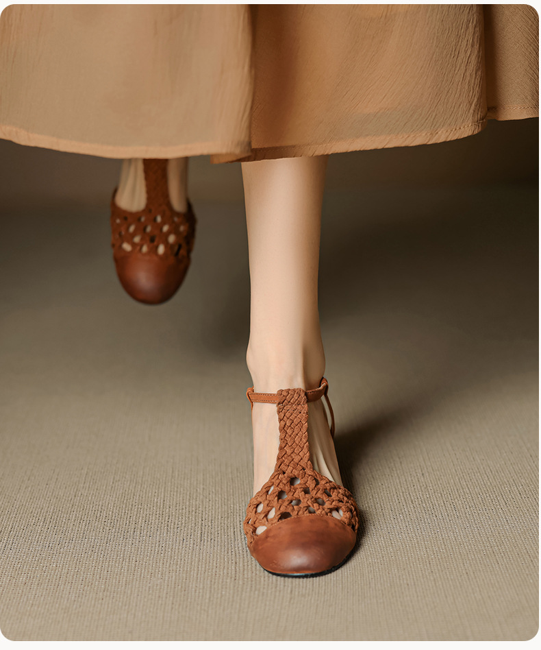 Sandal nữ quai ngang gót thô 5 cm, dây đan kiểu La Mã — màu nâu chi tiết 13