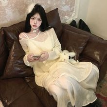早秋一整套穿搭大码胖mm云南旅游镂空针织罩衫拼接吊带连衣裙减龄