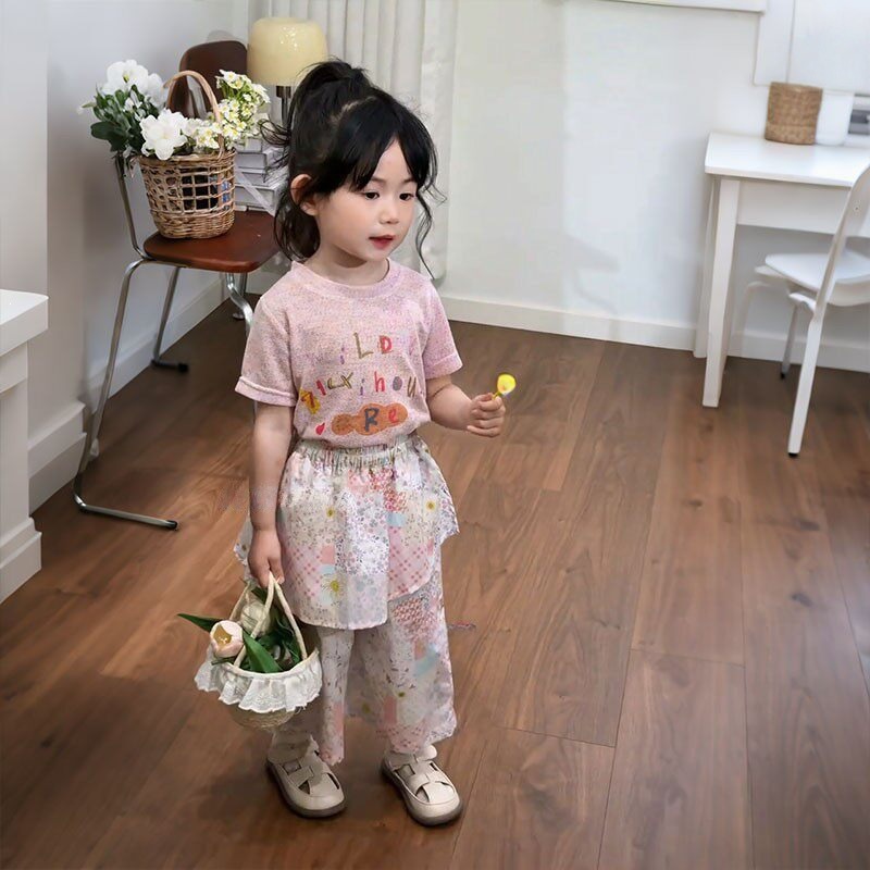 童装女童t恤2026夏季新款女孩洋气时髦粉色印花洋气屁帘裤两件套