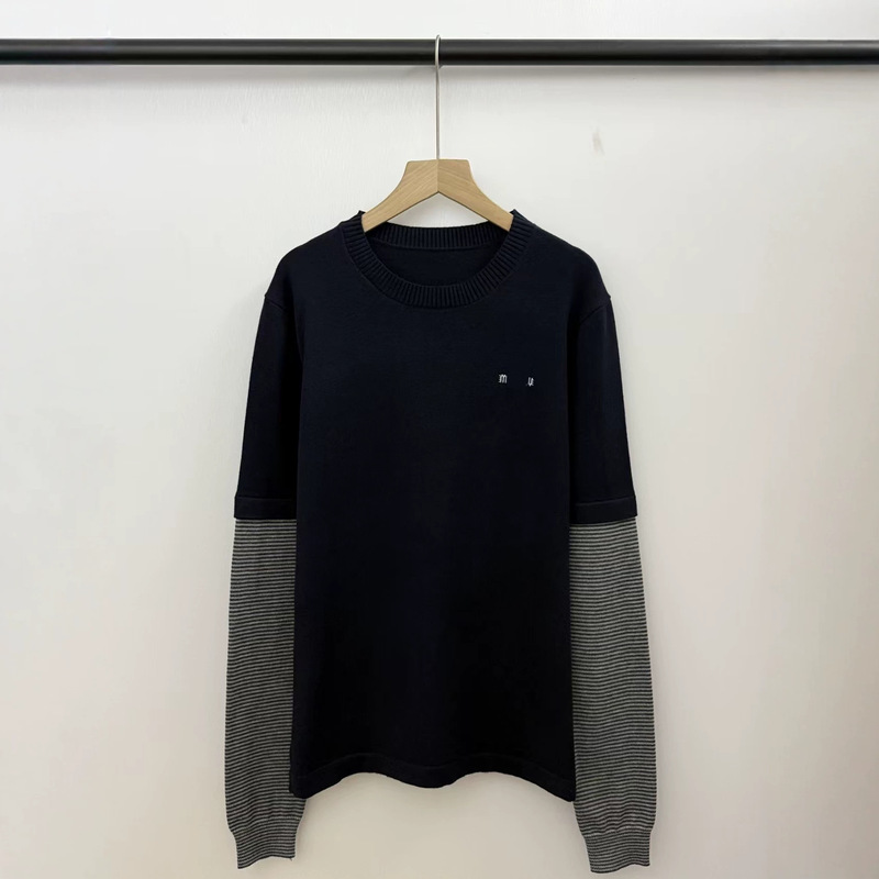 Korean-style knitted sweater, faux two-piece striped patchwork short top, pullover casual long-sleeve T-shirt for women