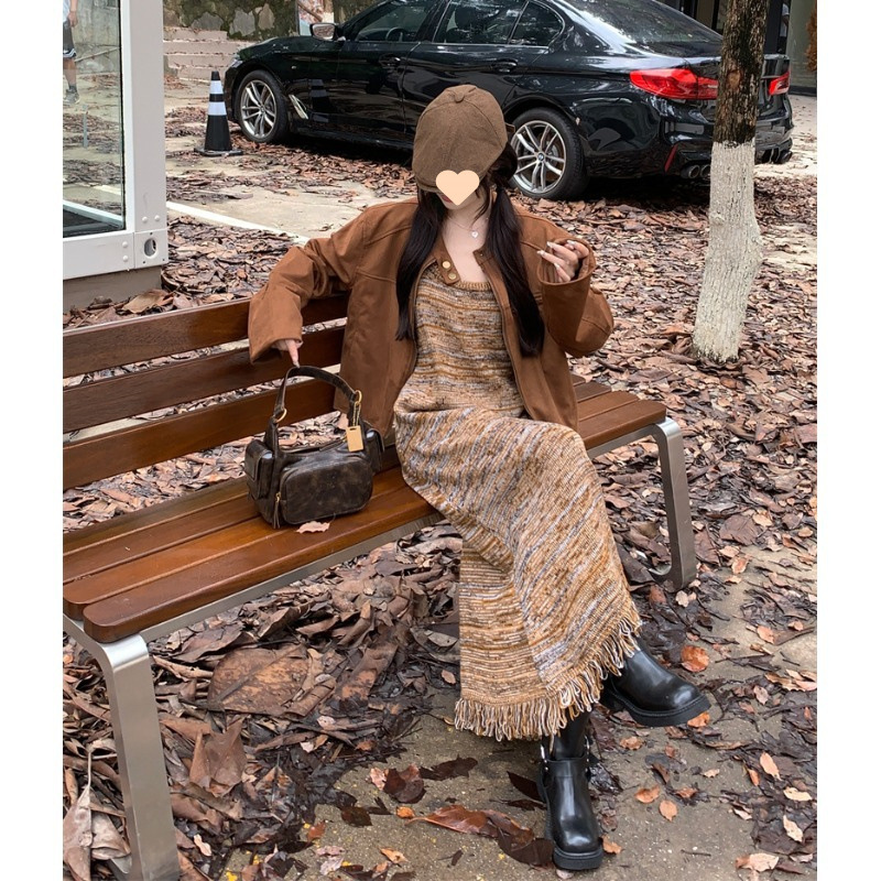 2025条纹流苏针织吊带连衣裙女春秋季内搭美拉德穿搭感长裙两件套