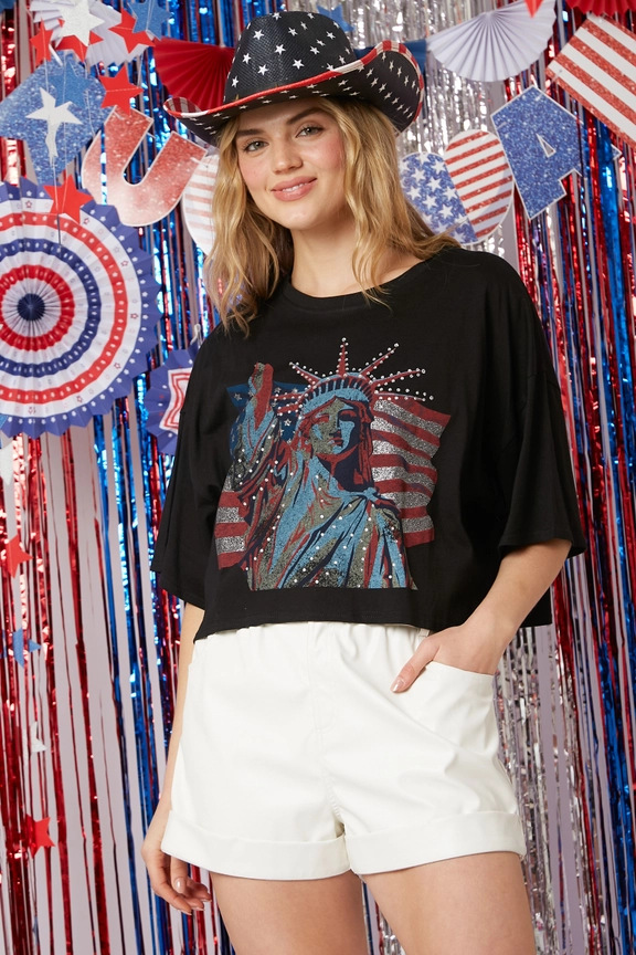 Frau T-Shirt Kurzarm T-Shirts Diamant Einfacher Stil Menschlich Amerikanische Flagge display picture 3