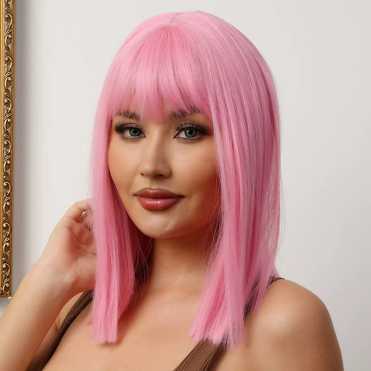 粉色假发齐刘海波波头bobo短直发节日款高温化纤丝跨境热款wigs