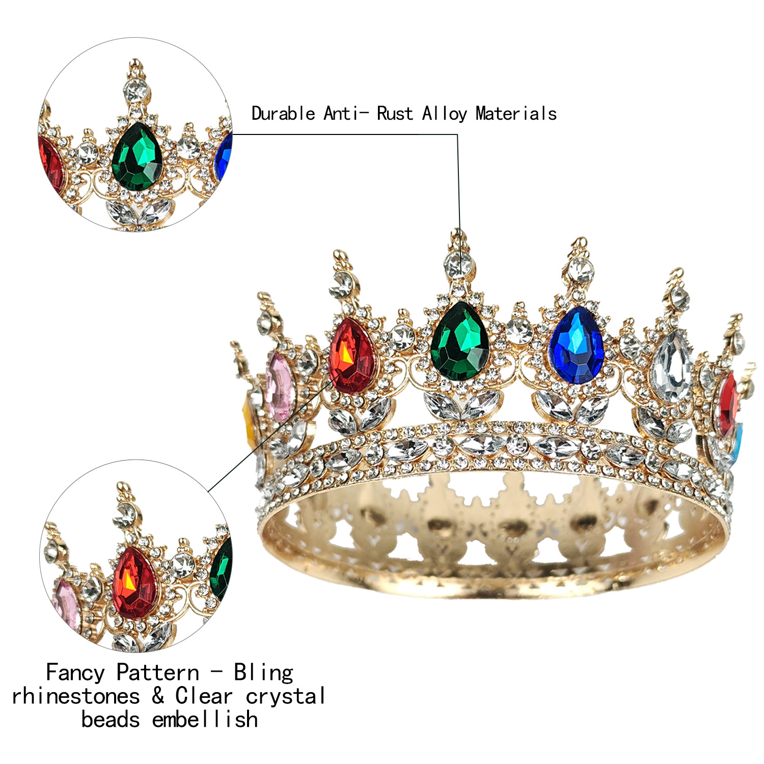 European and American hot-selling baroque bride crown headgear water drop diamond round beauty pageant crown retro queen performance crown_voghion.com