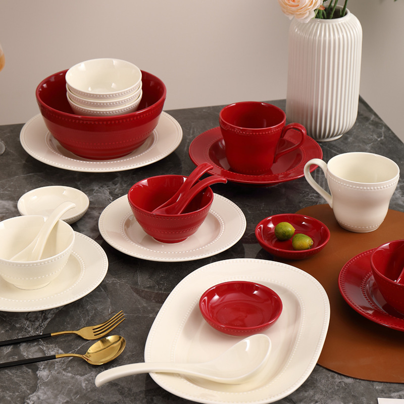 Embossed Bead Dot Dish Set Red Ceramic Dishes and Tableware Wholesale Household Rice Bowls Soup Bowls High-Value Plates and Dishes Embossed Bead Dot Dish Set Red Ceramic Dishes and Tableware Wholesale Household Rice Bowls Soup Bowls High-Value Plates and Dishes