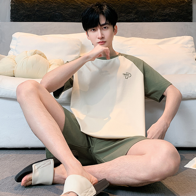 100% 純綿パジャマ男性半袖夏の薄いタイプの青少年カジュアルでゆったりした綿100% の家庭服セット