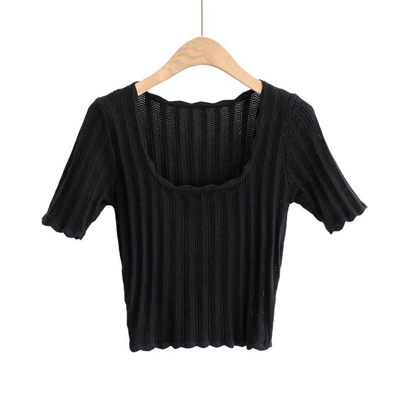 fashion U-neck solid color slim-fit short-sleeved sweater NSHS25199