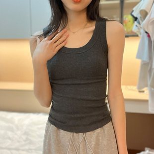 Round Neck Vest for Women Summer Dark Gray American Style Slimming Look Simple Covering Side Breasts with Threaded Suspender Sleeveless Top